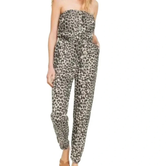 CHERISH Womens Leopard Print Strapless Jumpsuit Waffle Knit Jogger Pockets M - Picture 1 of 9